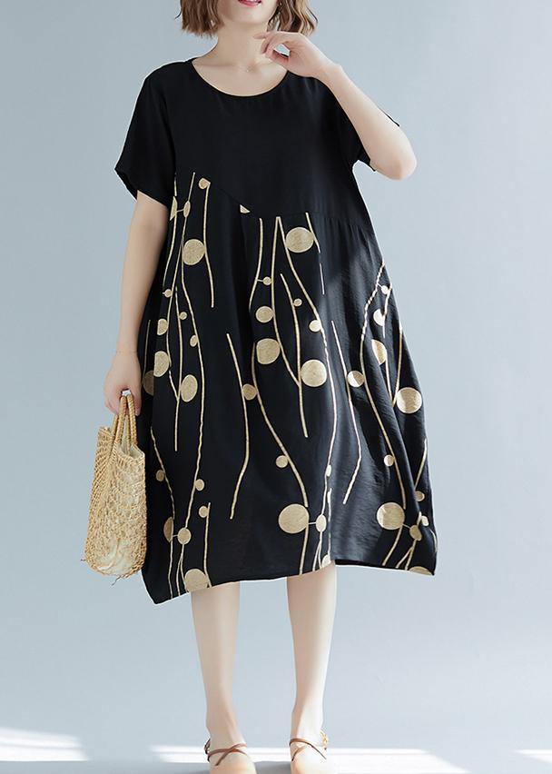 Simple tunics made of cotton-linen with white print, wild daily summer dress