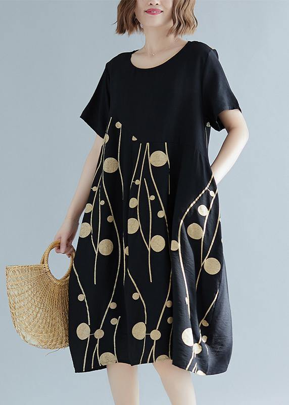Simple tunics made of cotton-linen with white print, wild daily summer dress