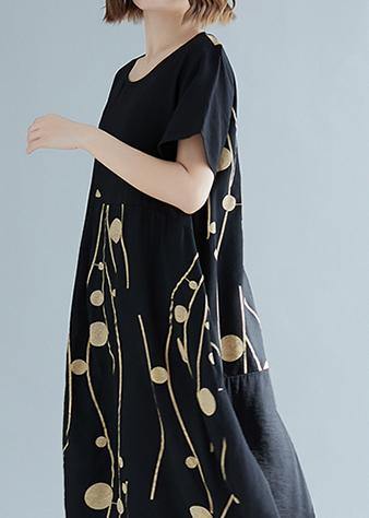 Simple tunics made of cotton-linen with white print, wild daily summer dress
