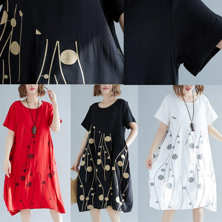 Simple tunics made of cotton-linen with white print, wild daily summer dress