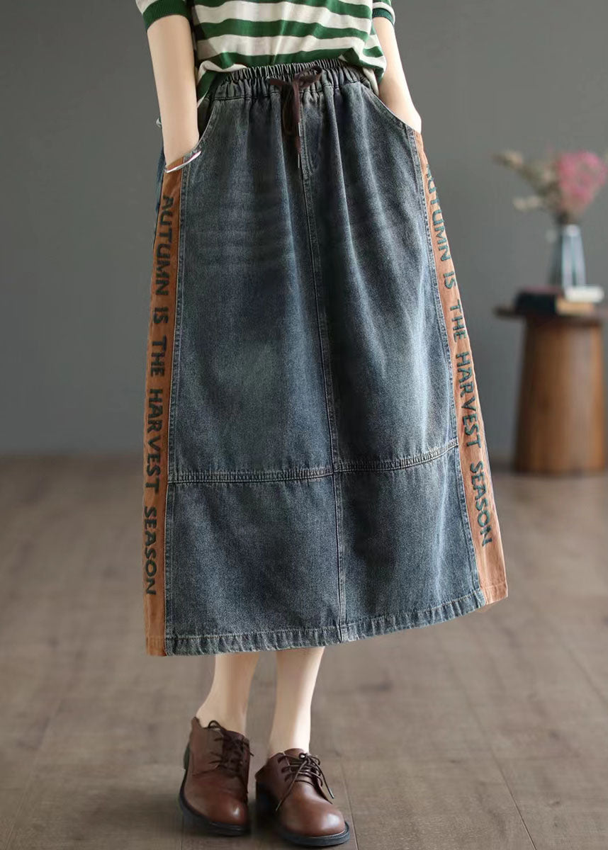 Simple Blue Pockets Patchwork A-Line Autumn Denim Skirts