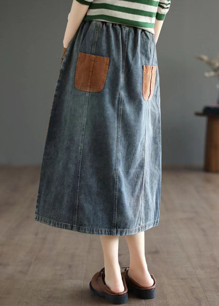 Blue Patchwork A-Line Pocket Skirt