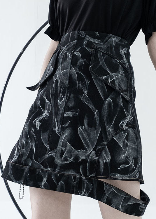 Black High Waist Hollow Print Denim Skirt