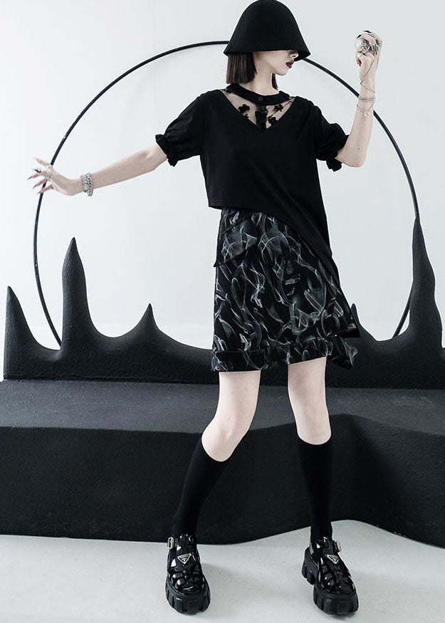 Black High Waist Hollow Print Denim Skirt