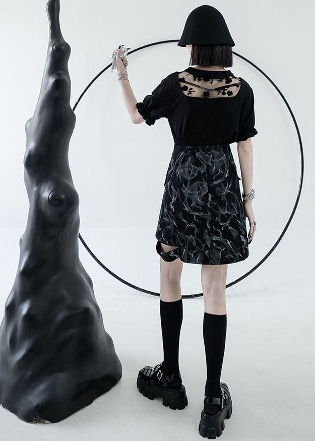 Black High Waist Hollow Print Denim Skirt