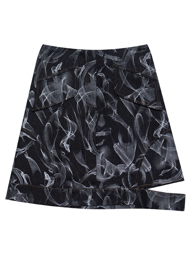 Black High Waist Hollow Print Denim Skirt