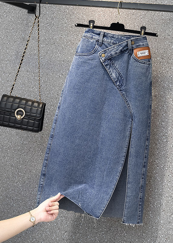Style Denim Light Blue High Waist Side Open Button Asymmetric Pockets Cotton A-Line Skirts Summer