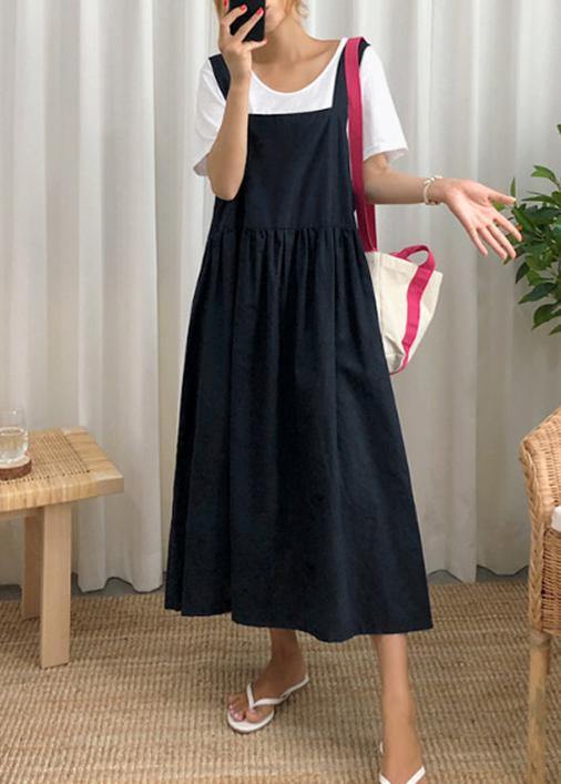 Style Spaghetti Strap Cinched Linen-Cotton Dress for Women Sewing Black Dress
