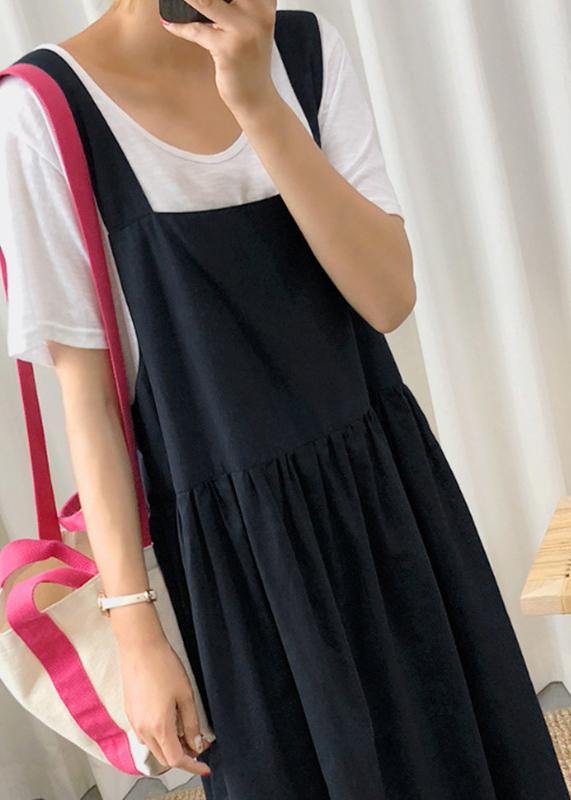 Style Spaghetti Strap Cinched Linen-Cotton Dress for Women Sewing Black Dress