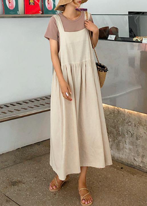 Style Spaghetti Strap Cinched Linen-Cotton Dress for Women Sewing Black Dress