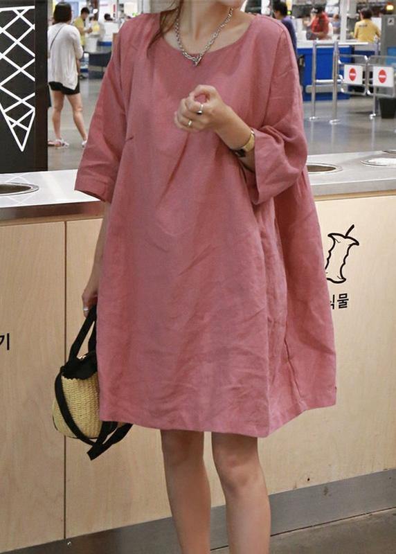 Style Pink Cotton-Linen Outfit O-Neck Cinched A-Line Summer Dresses