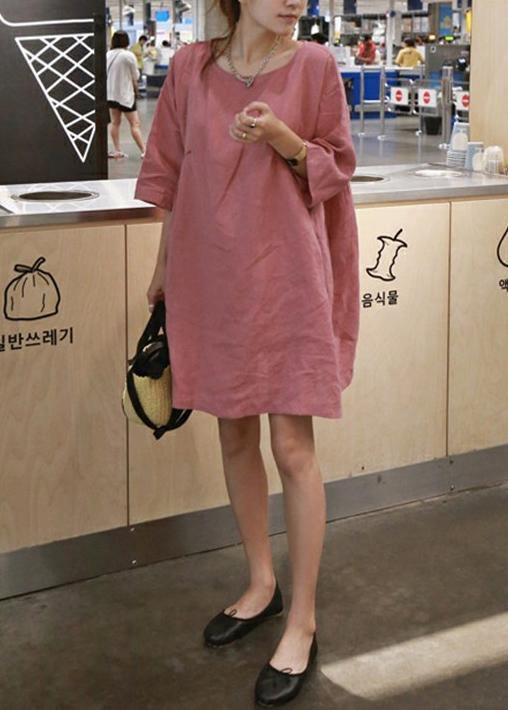 Style Pink Cotton-Linen Outfit O-Neck Cinched A-Line Summer Dresses