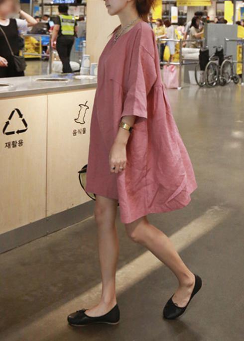 Style Pink Cotton-Linen Outfit O-Neck Cinched A-Line Summer Dresses