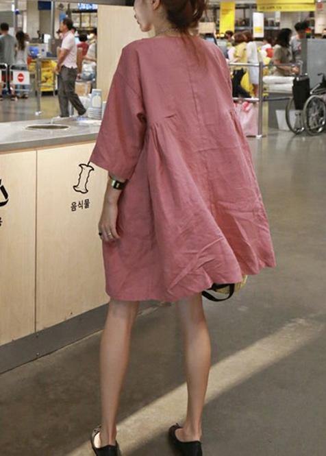 Style Pink Cotton-Linen Outfit O-Neck Cinched A-Line Summer Dresses