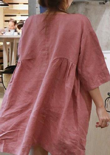 Style Pink Cotton-Linen Outfit O-Neck Cinched A-Line Summer Dresses