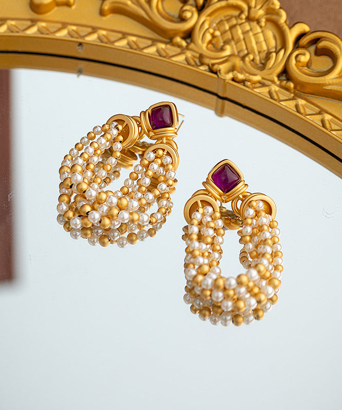 Gold Copper Pear Tassel Hoop Earrings
