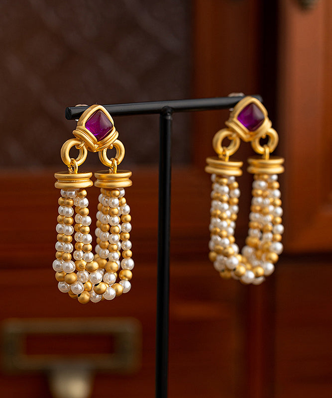 Gold Copper Pear Tassel Hoop Earrings