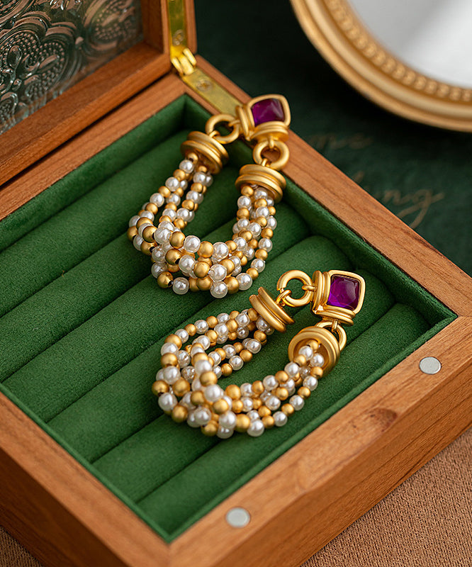 Gold Copper Pear Tassel Hoop Earrings