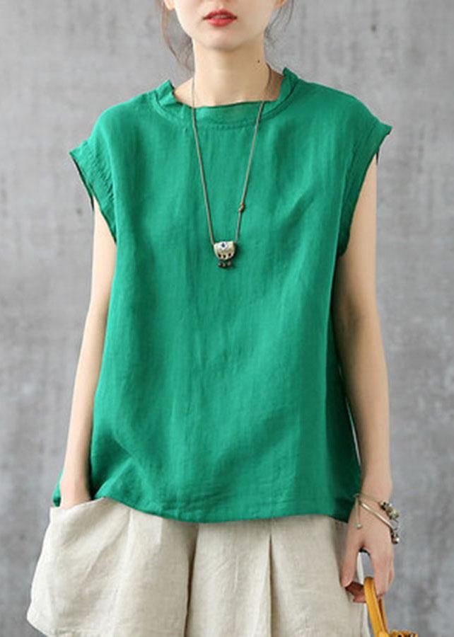 Stylish Green Sleeveless Linen Summer Tops with O-Neck