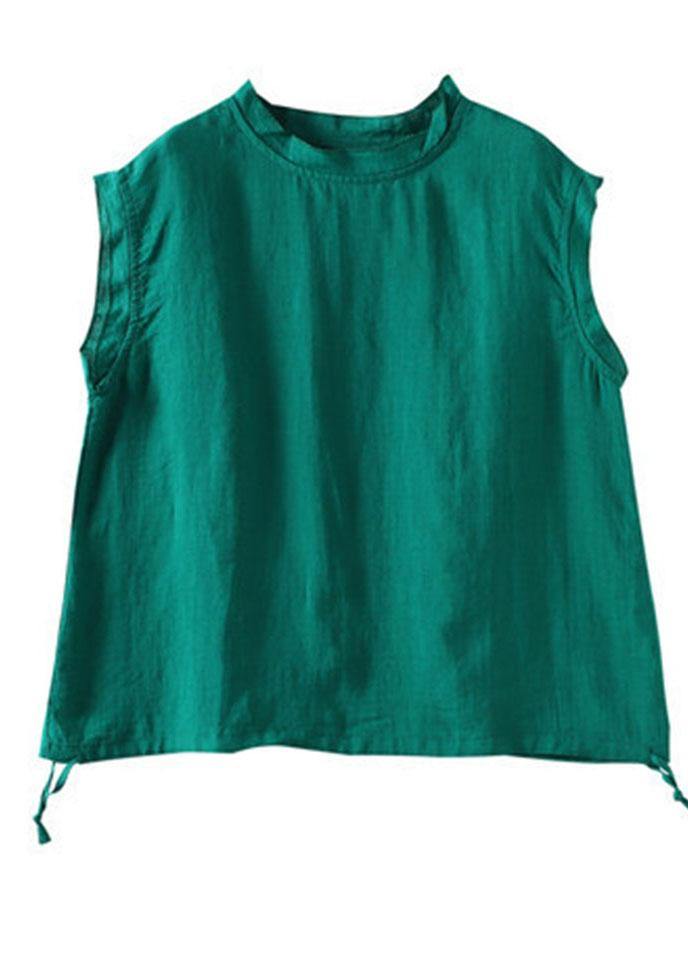 Stylish Green Sleeveless Linen Summer Tops with O-Neck