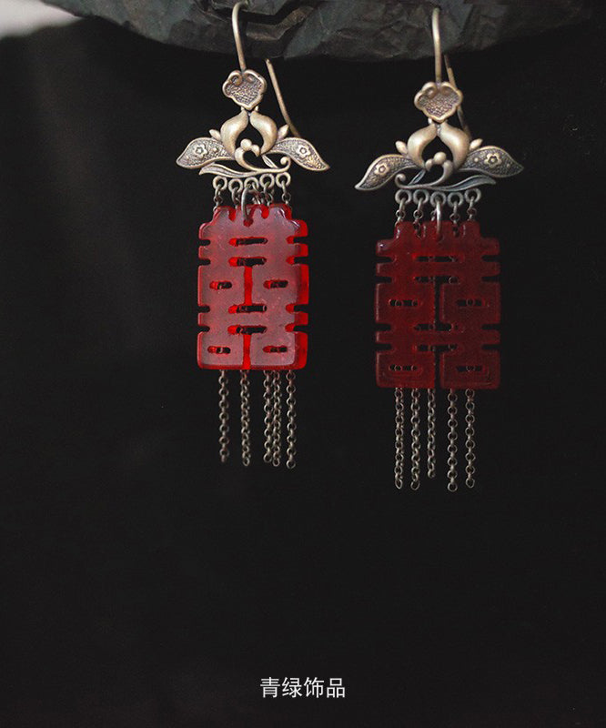 Red Sterling Silver Tassel Hoops