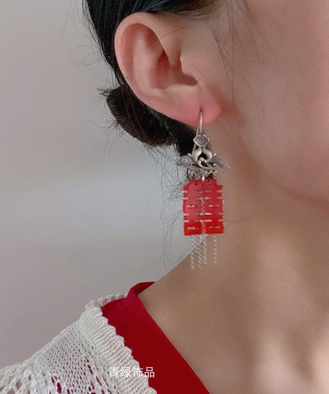 Red Sterling Silver Tassel Hoops