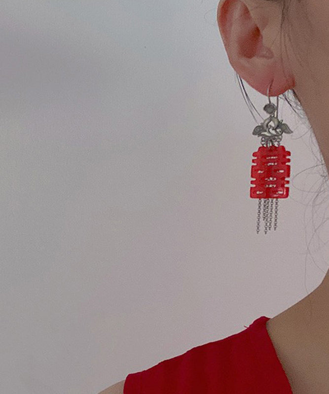 Red Sterling Silver Tassel Hoops
