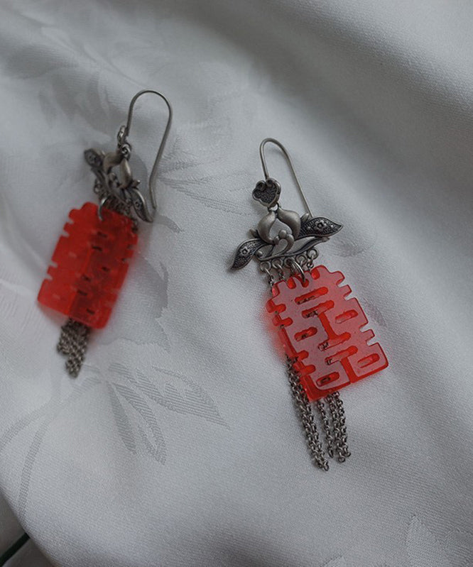 Red Sterling Silver Tassel Hoops