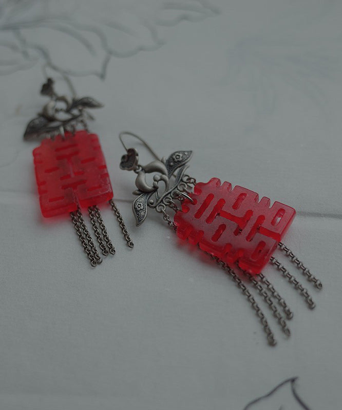 Red Sterling Silver Tassel Hoops