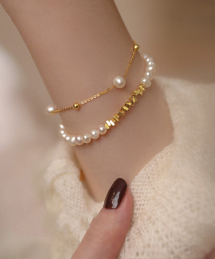 White Silver Pearl Tassel Bracelet Set