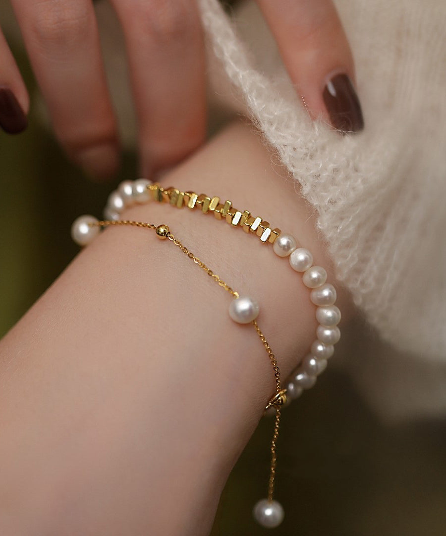 White Silver Pearl Tassel Bracelet Set