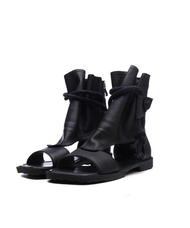 Summer Black Leather Lace-Up Peep Toe Hiking Sandals