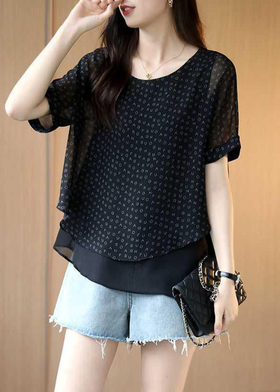 Unique Black O-Neck Layered Design Chiffon Tops with Letter Print and Short Sleeves
