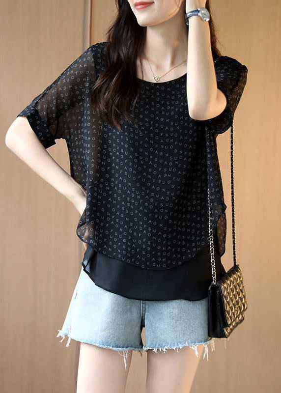 Unique Black O-Neck Layered Design Chiffon Tops with Letter Print and Short Sleeves