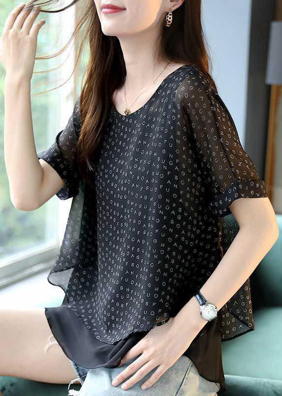Unique Black O-Neck Layered Design Chiffon Tops with Letter Print and Short Sleeves
