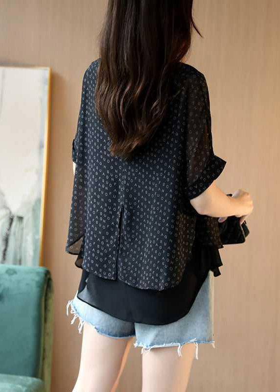 Unique Black O-Neck Layered Design Chiffon Tops with Letter Print and Short Sleeves