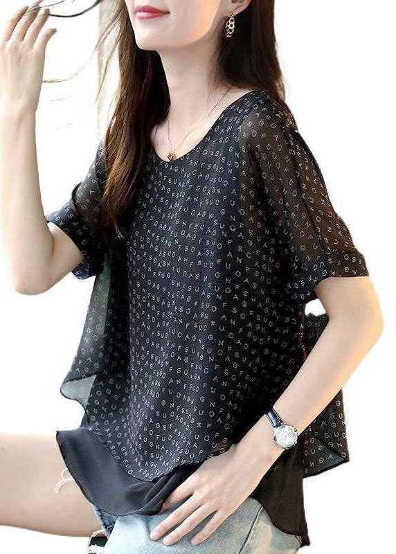 Unique Black O-Neck Layered Design Chiffon Tops with Letter Print and Short Sleeves