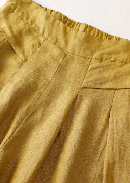 Einzigartige gelbe Taschen Leinenhose mit elastischer Taille Sommer