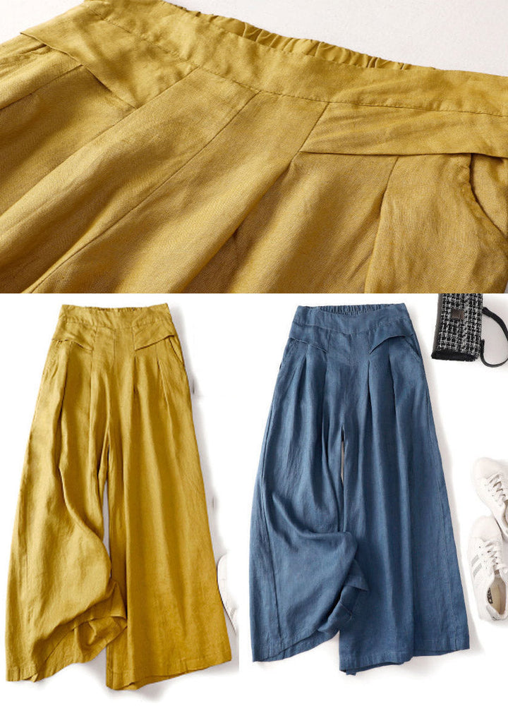 Einzigartige gelbe Taschen Leinenhose mit elastischer Taille Sommer