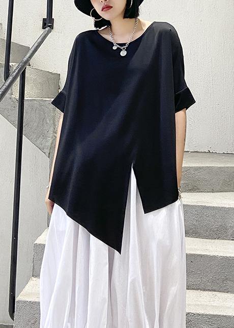 Unique Black Summer Shirt with Asymmetrical Neckline Made of Cotton