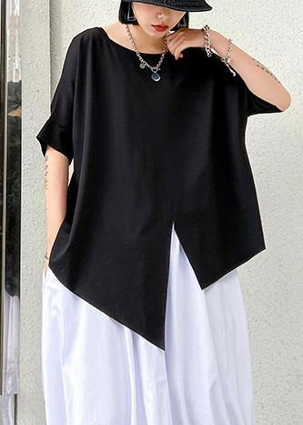 Unique Black Summer Shirt with Asymmetrical Neckline Made of Cotton