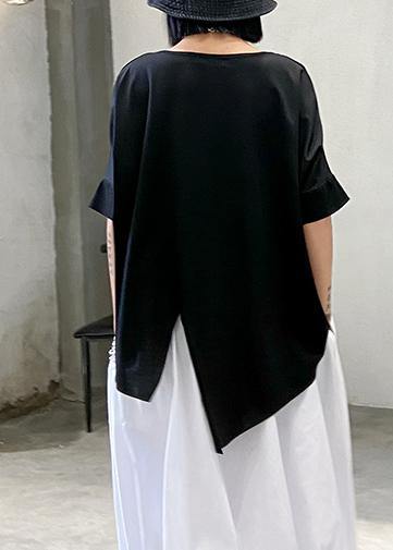 Unique Black Summer Shirt with Asymmetrical Neckline Made of Cotton