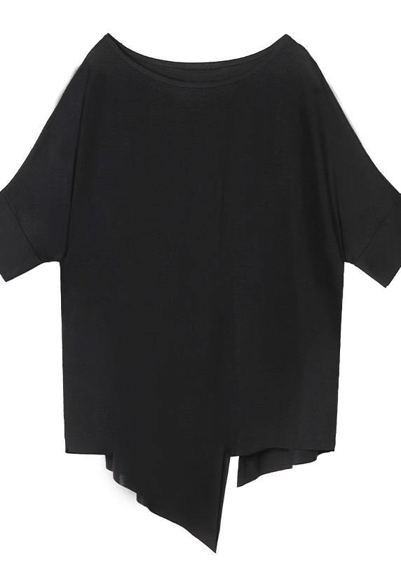 Unique Black Summer Shirt with Asymmetrical Neckline Made of Cotton