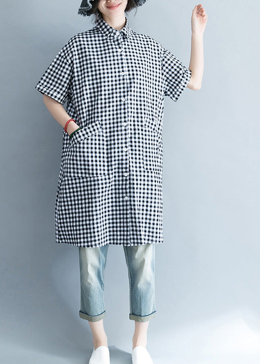 Unique Black and White Checkered Cotton-Linen Shirts for Women, Stylish Lapel Pockets, Oversized Summer Shirts