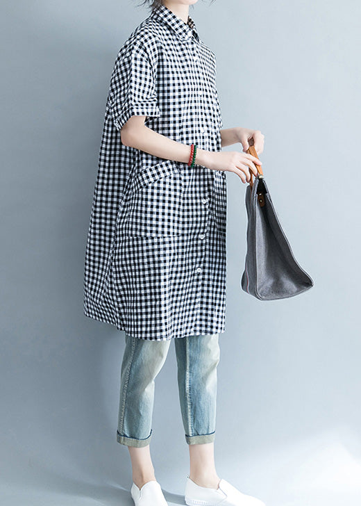 Unique Black and White Checkered Cotton-Linen Shirts for Women, Stylish Lapel Pockets, Oversized Summer Shirts