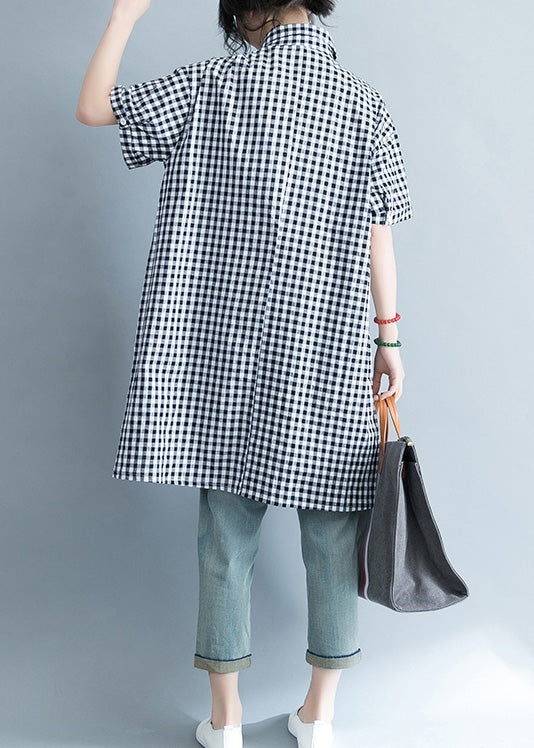 Unique Black and White Checkered Cotton-Linen Shirts for Women, Stylish Lapel Pockets, Oversized Summer Shirts