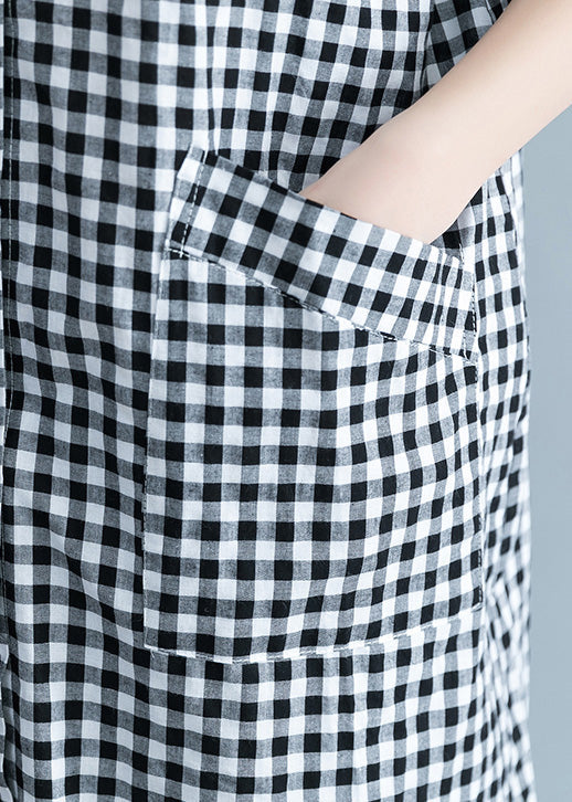 Unique Black and White Checkered Cotton-Linen Shirts for Women, Stylish Lapel Pockets, Oversized Summer Shirts
