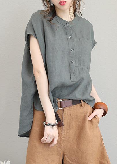 Unique Linen Tops with O-Neck, Women's Blouses, Low High Design, Plus Size Clothing, Gray Green Shirt