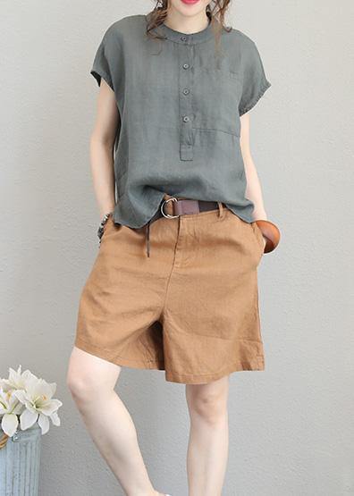 Unique Linen Tops with O-Neck, Women's Blouses, Low High Design, Plus Size Clothing, Gray Green Shirt