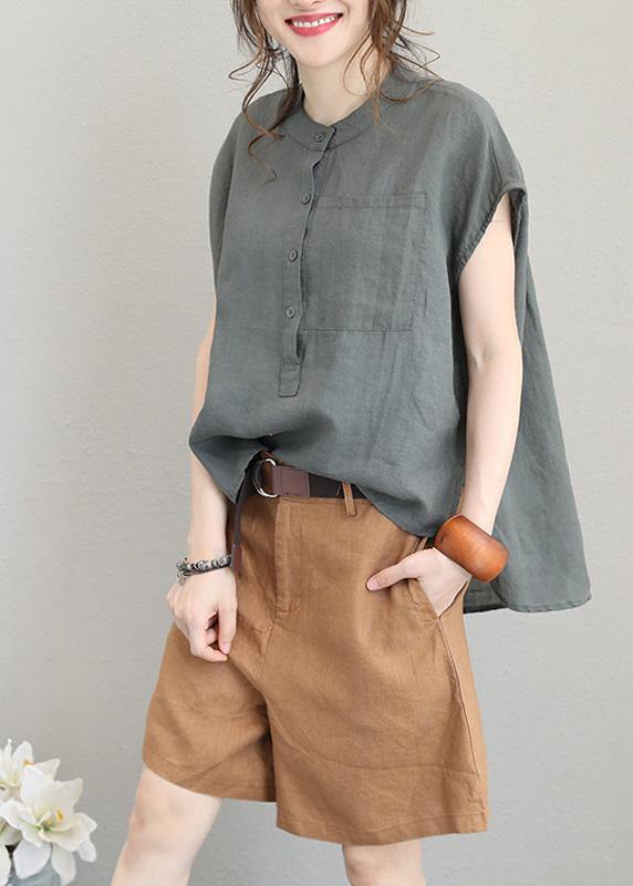 Unique Linen Tops with O-Neck, Women's Blouses, Low High Design, Plus Size Clothing, Gray Green Shirt